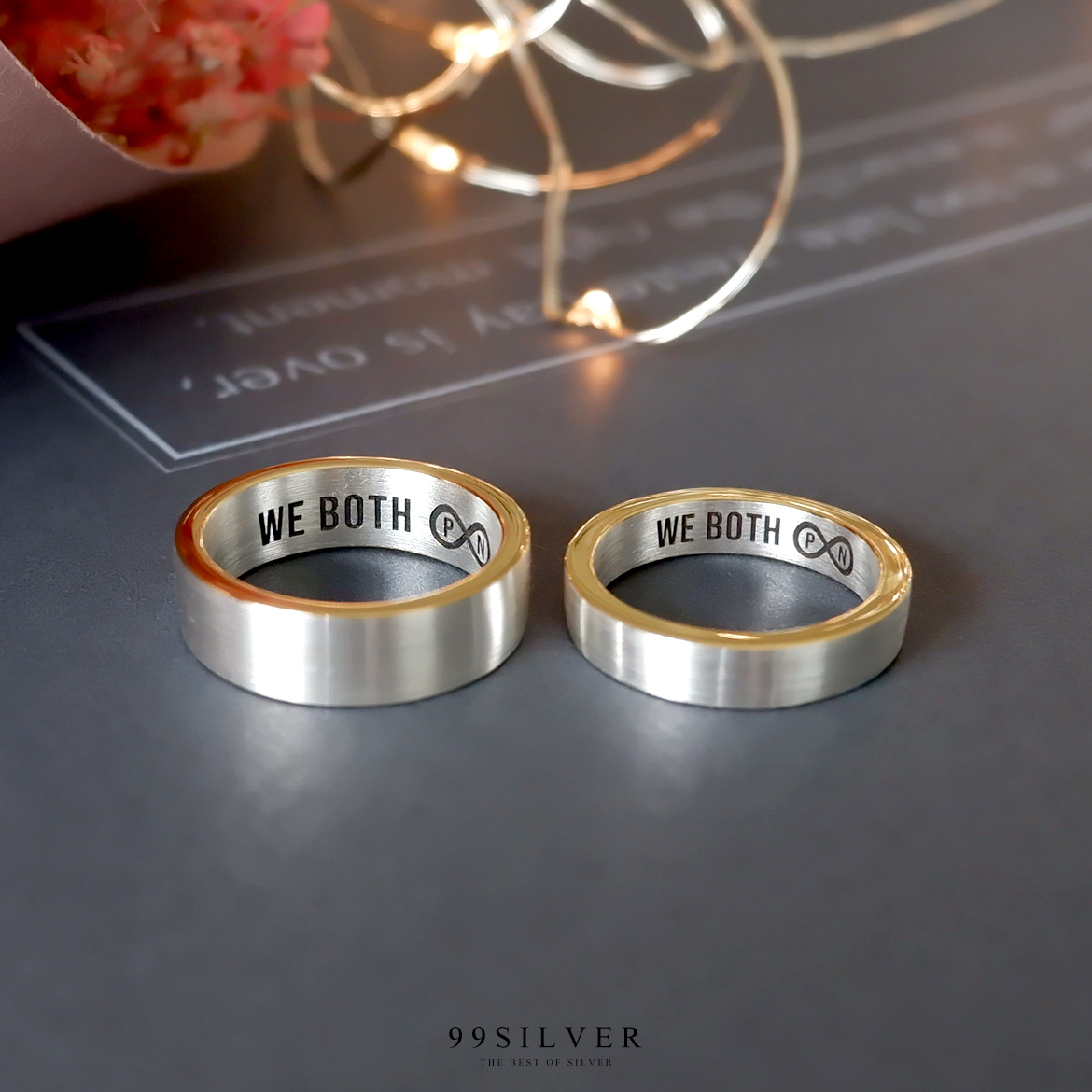 แหวนคู่รัก Silver Cooper เคลือบขอบแหวนและด้านใน ด้านนอกผิวเงินด้านแฮร์ไลน์