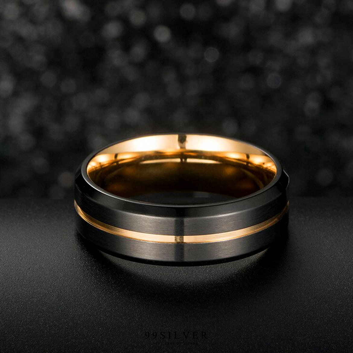 แหวนสแตนเลส Gold Black ไทเทเนี่ยม หน้ากว้าง 7 มิล ผิวเรียบปัดด้านแฮร์ไลน์