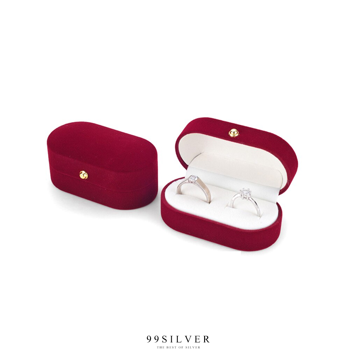 กล่องใส่แหวนกำมะหยี่สีแดงทรงโค้งยาว ฝาแข็ง ใส่แหวนได้ 2 วงเรียบหรูคลาสสิค