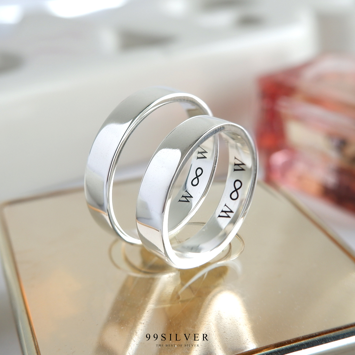 Set แหวนคู่รักสองวง เงินแท้รุ่นมาตรฐาน หน้ากว้าง 4 มิลลิเมตร หนา 1.2 มิลลิเมตร