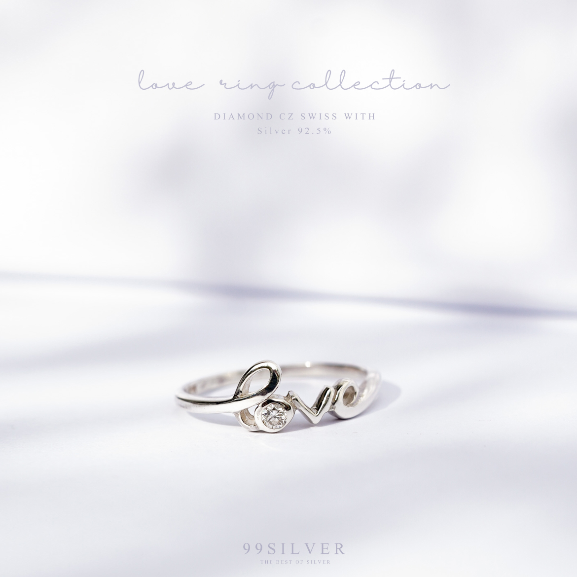 แหวน Love ประดับ Cz Swiss แท้ 1 เม็ด ตัวเรือนเงินแท้ดัดเป็นอักษรสวยงาม