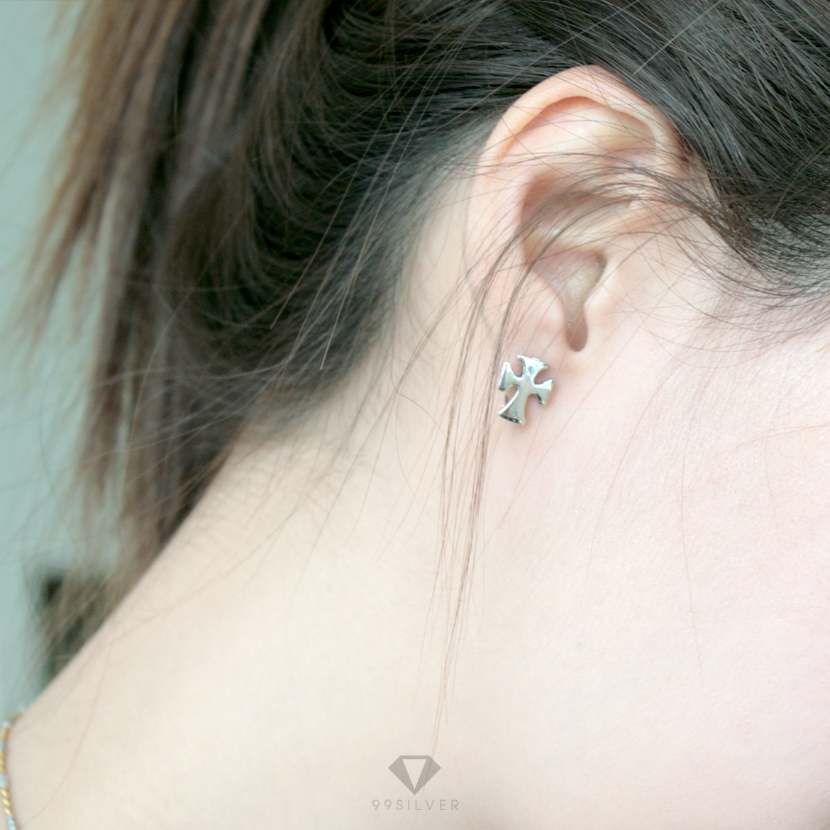 ต่างหูกางเขน แบบเสียบล๊อคเกี่ยวหลัง ตัวเรือนขัดเงา