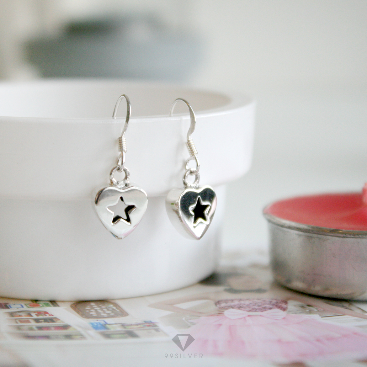 ต่างหูหัวใจ เจาะลายโปร่งเป็นรูปดาว ผิวเงา ทรงต่างหูแบบห้อย 