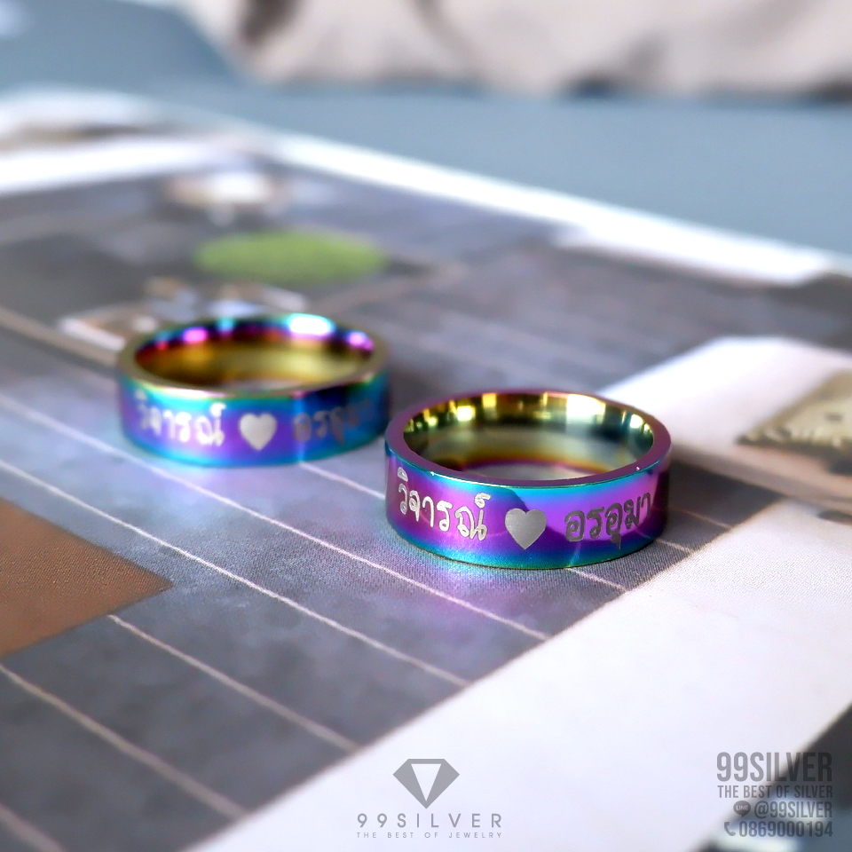 แหวนสแตนเลสไทเทเนี่ยมแท้ หน้ากว้าง 6 มิลลิเเมตร ผิวเงาเรียบ ไดร์ฟสีรุ้งไทเท