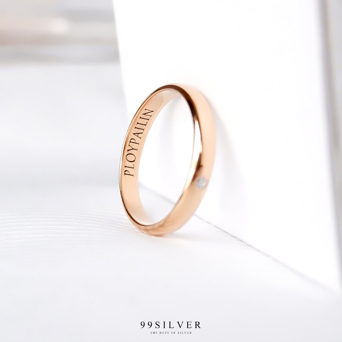 แหวนเงินแท้หน้าโค้ง 3 มม. ฝังเพชร cz swiss แท้ ตัวเรือนขัดเงาสวยงาม