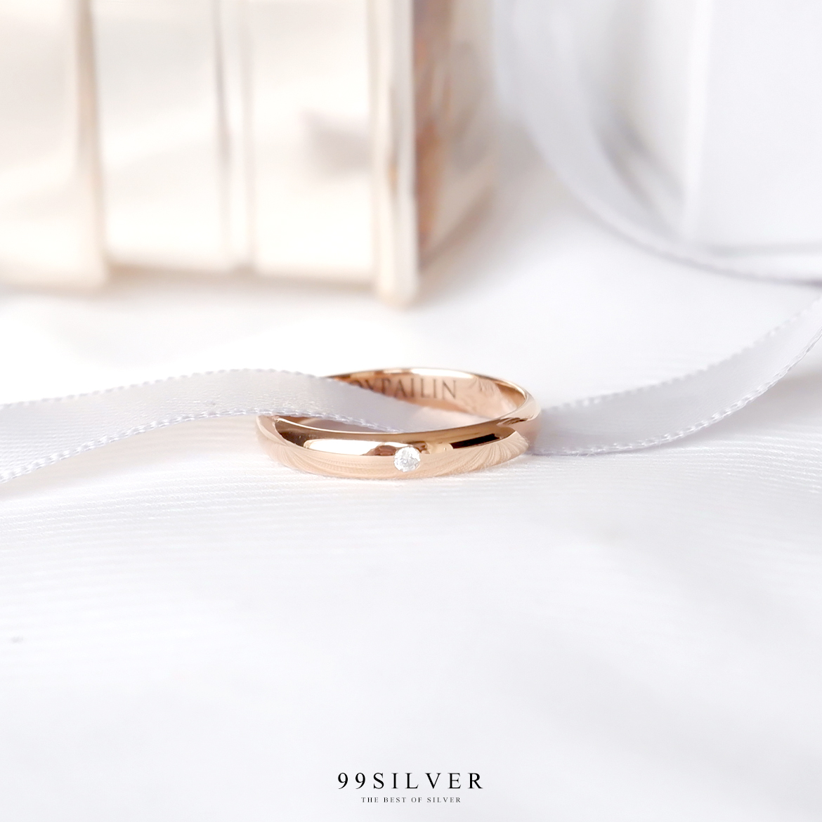 แหวนเงินแท้หน้าโค้ง 3 มม. ฝังเพชร cz swiss แท้ ตัวเรือนขัดเงาสวยงาม