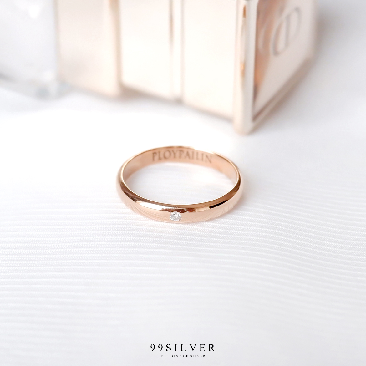 แหวนเงินแท้หน้าโค้ง 3 มม. ฝังเพชร cz swiss แท้ ตัวเรือนขัดเงาสวยงาม