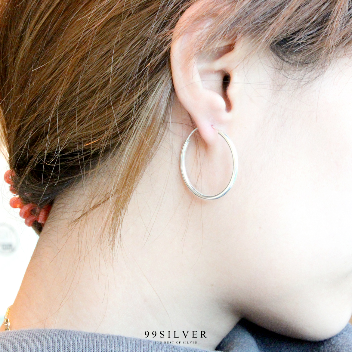 ต่างหูห่วงกลม เงินแท้ แบบเรียบ ความหนา 5 มิลลิเมตร เลือกความกว้างได้