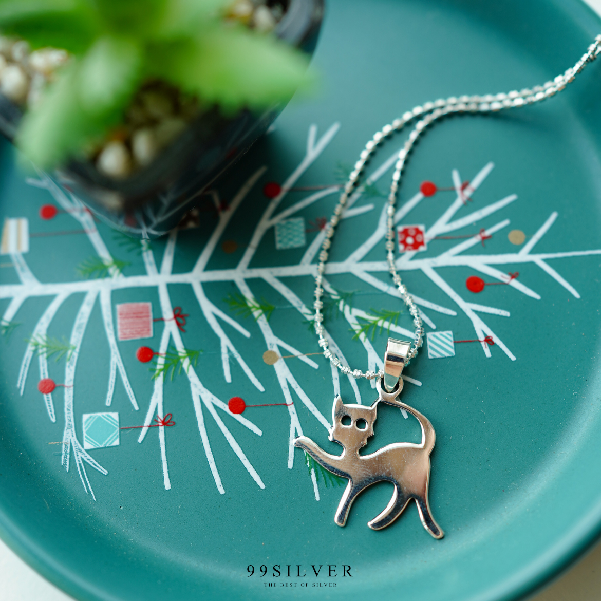 จี้แมว แบบแผ่นเรียบเงา ทำจากเงินแท้ทั้งชิ้นหนา 1 มิลลิเมตร