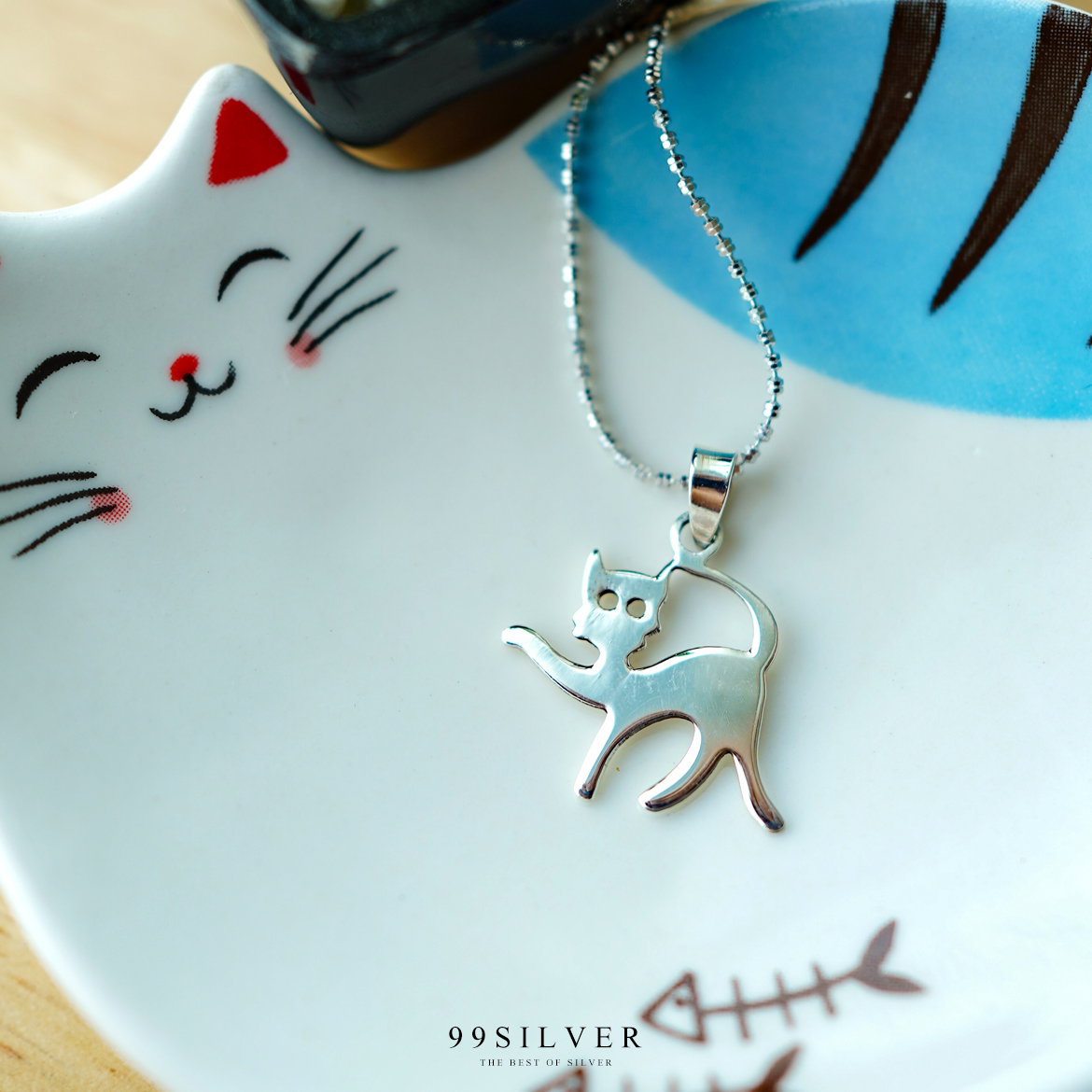 จี้แมว แบบแผ่นเรียบเงา ทำจากเงินแท้ทั้งชิ้นหนา 1 มิลลิเมตร