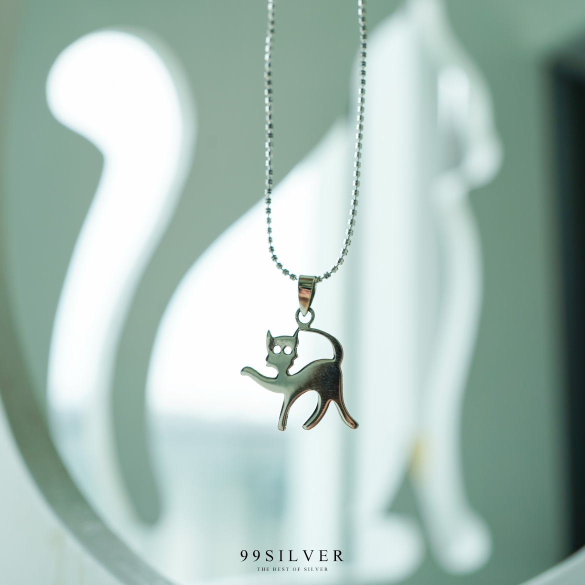 จี้แมว แบบแผ่นเรียบเงา ทำจากเงินแท้ทั้งชิ้นหนา 1 มิลลิเมตร