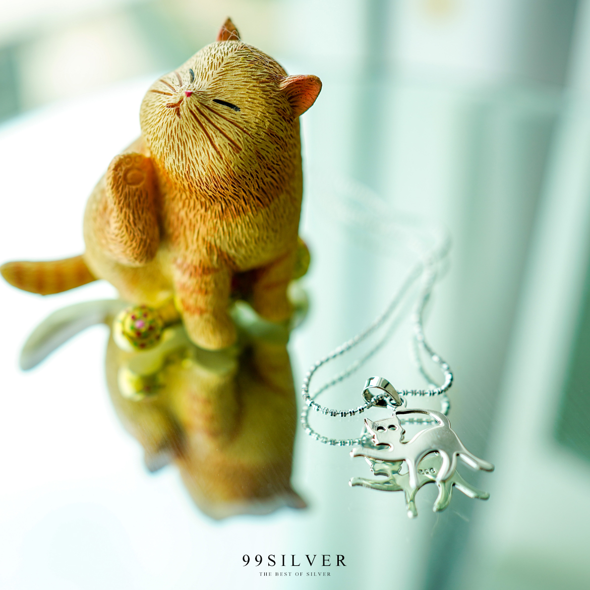 จี้แมว แบบแผ่นเรียบเงา ทำจากเงินแท้ทั้งชิ้นหนา 1 มิลลิเมตร