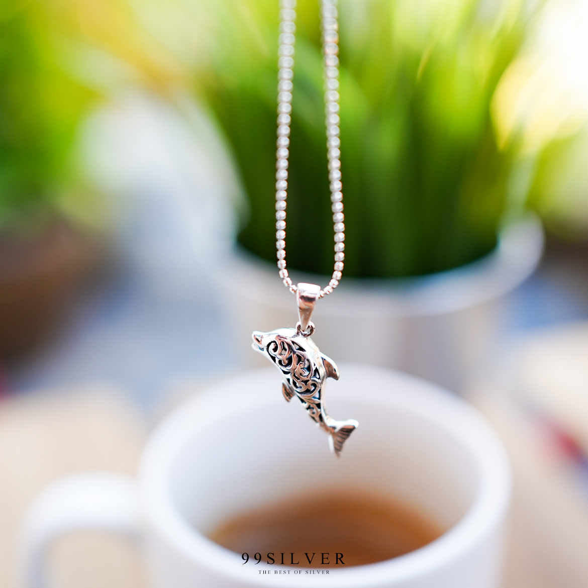 จี้โลมาผิวเงา เรือนโปร่งเจาะลายน่ารัก เงินแท้ทั้งชิ้น