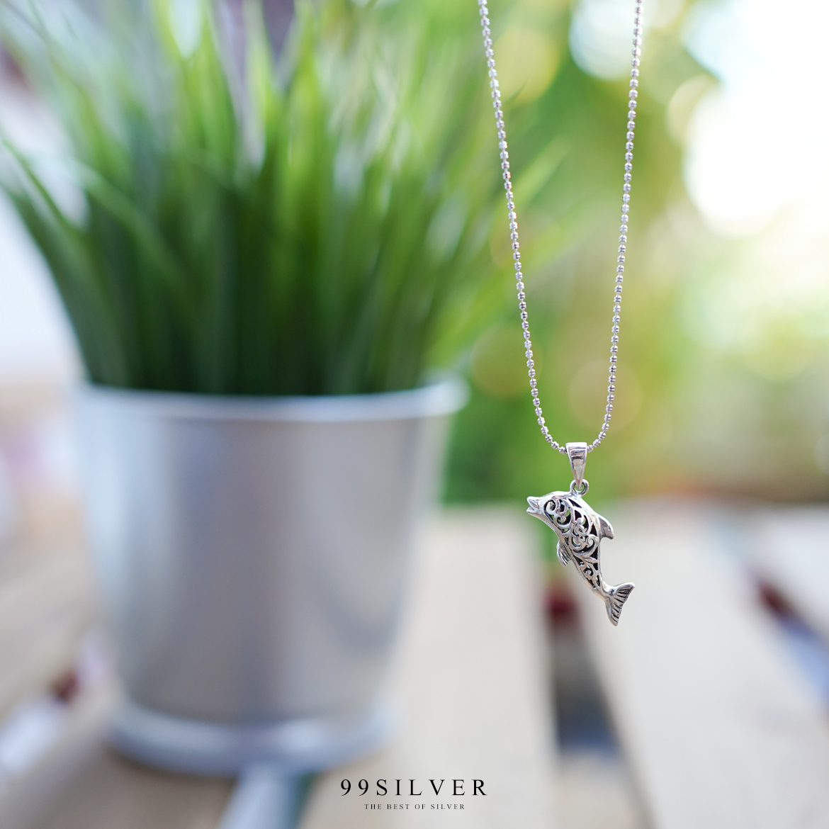 จี้โลมาผิวเงา เรือนโปร่งเจาะลายน่ารัก เงินแท้ทั้งชิ้น