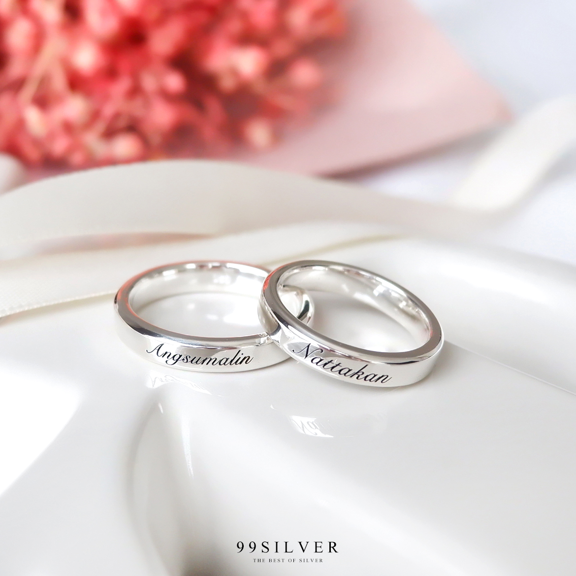 แหวนเงินแท้หน้าเรียบ 4 มิลลิเมตร ขอบลบมุม ตัดเฉียง เนื้อตัน