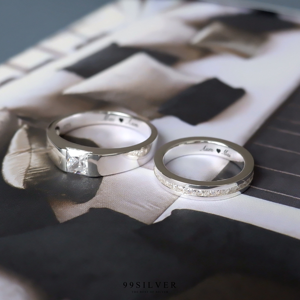 แหวนคู่รัก เพชรเม็ดเหลี่ยม Diamond Cut และเพชรรอบวง 3.5 มิลลิเมตร