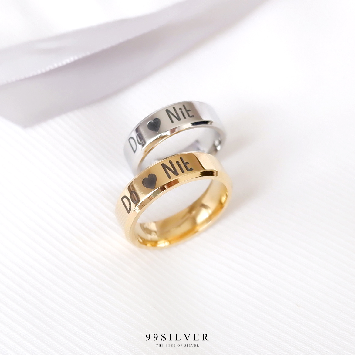 แหวนคู่ สแตนเลสแท้หน้ากว้าง 6 มิลลิเมตร ขอบลดมุมตัด เรือนเงินและทอง