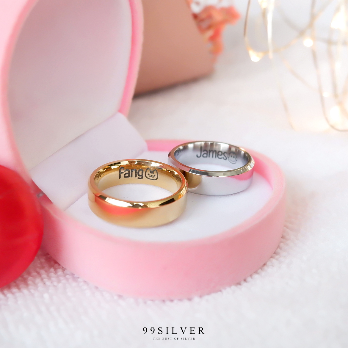 แหวนคู่ สแตนเลสแท้หน้ากว้าง 6 มิลลิเมตร ขอบลดมุมตัด เรือนเงินและทอง