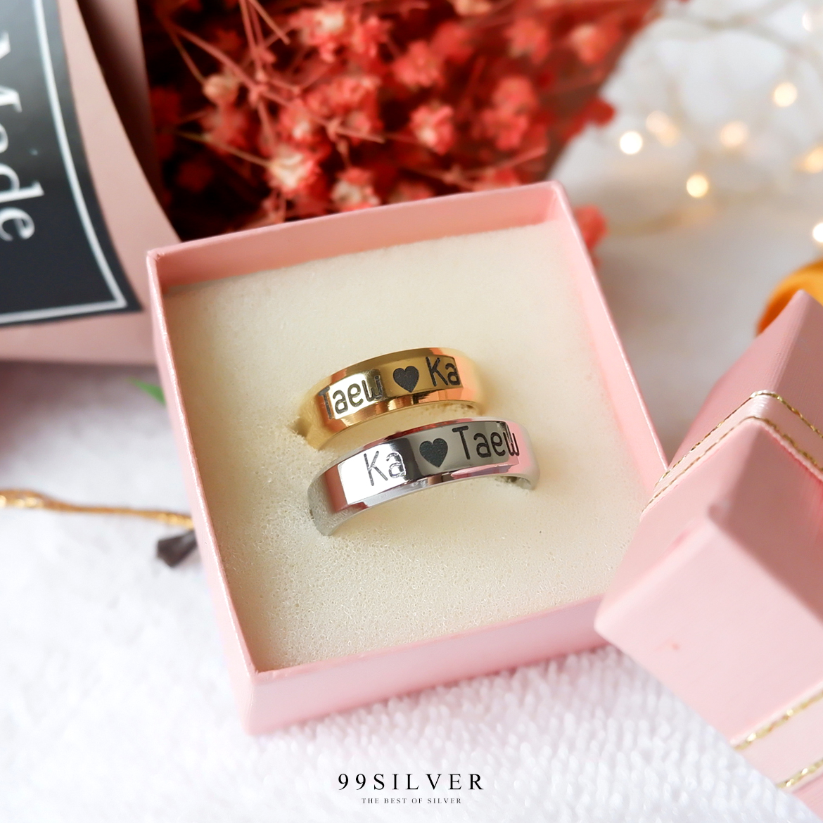 แหวนคู่ สแตนเลสแท้หน้ากว้าง 6 มิลลิเมตร ขอบลดมุมตัด เรือนเงินและทอง