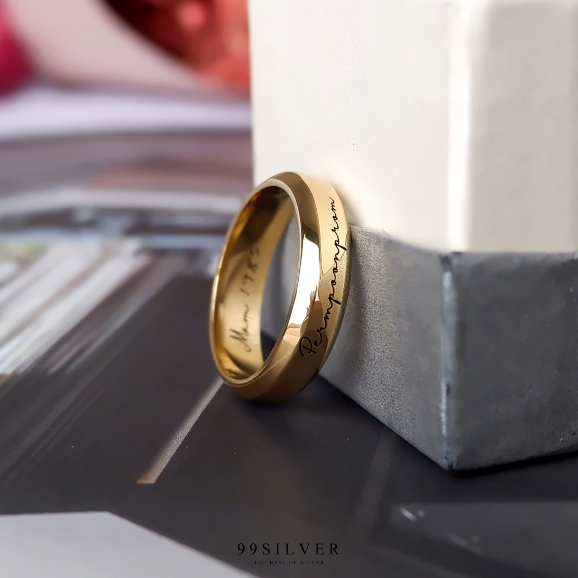 แหวนเงินแท้หน้าเรียบ 6 มิลลิเมตร ขอบลบมุม ตัดเฉียง เนื้อตัน