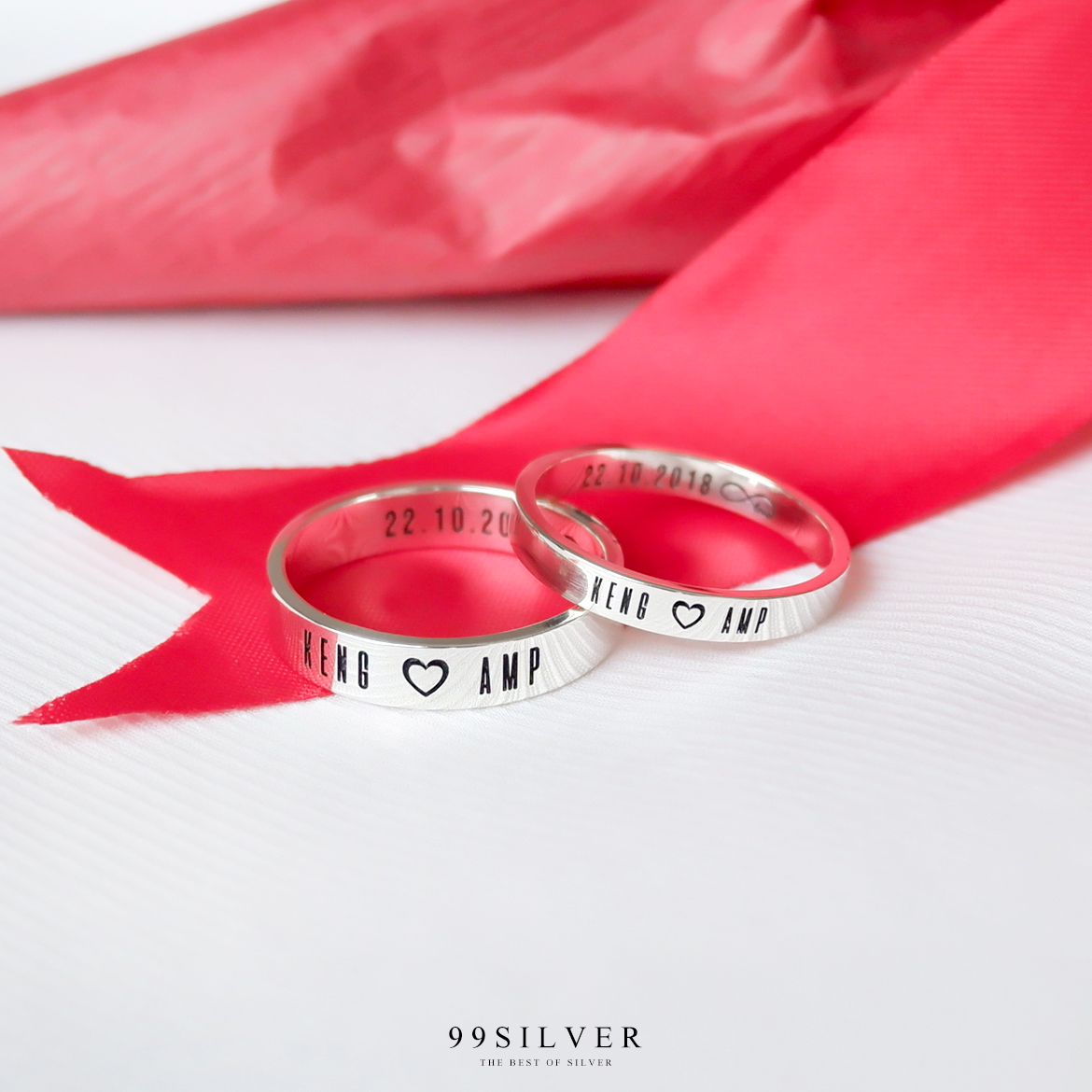Set แหวนคู่รักชายหญิง เงินแท้รุ่นมาตรฐาน หน้ากว้าง 3 และ 4 มิลลิเมตร