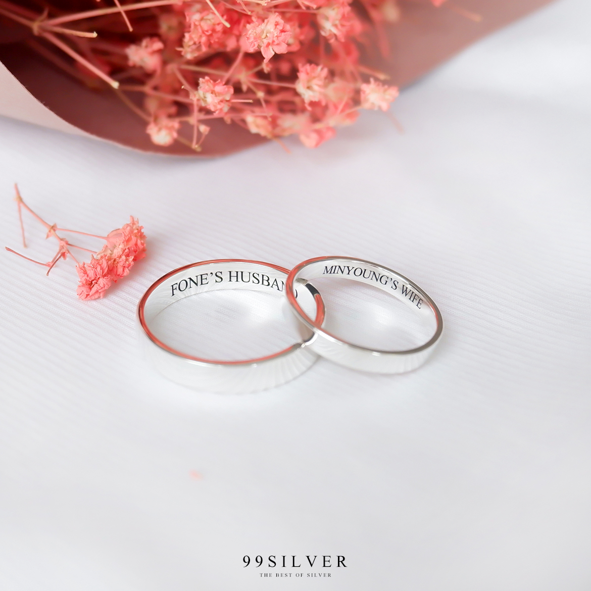 Set แหวนคู่รักชายหญิง เงินแท้รุ่นมาตรฐาน หน้ากว้าง 3 และ 4 มิลลิเมตร