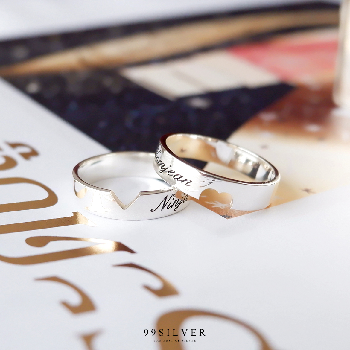 แหวนหัวใจเจาะทะลุ วงละครึ่งดวง เป็นคู่ชาย-หญิง ตัวเรือนเงินแท้