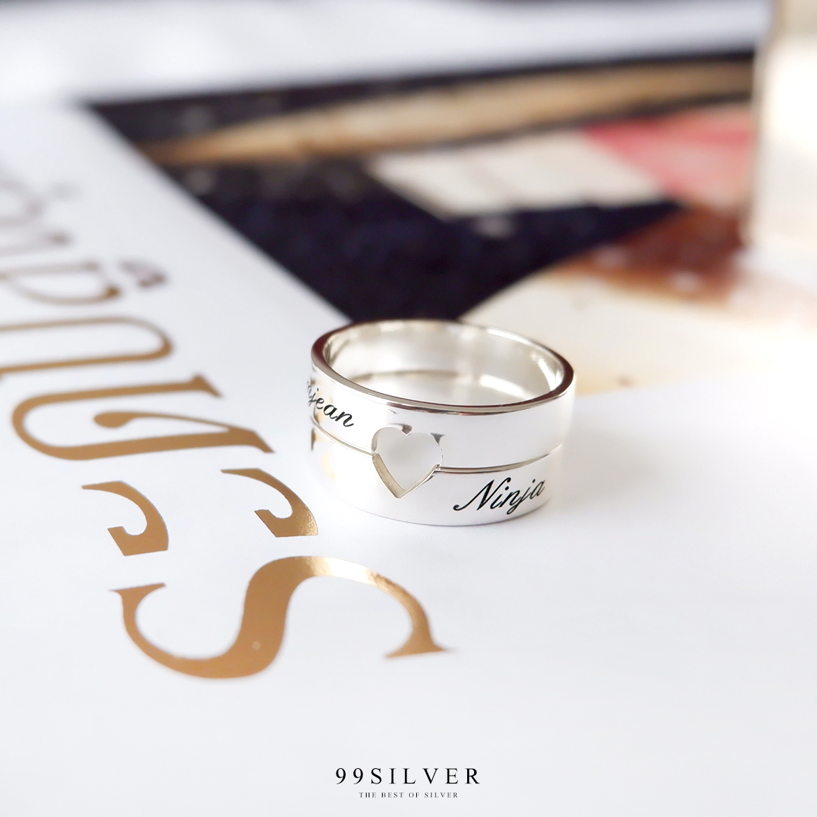 แหวนหัวใจเจาะทะลุ วงละครึ่งดวง เป็นคู่ชาย-หญิง ตัวเรือนเงินแท้