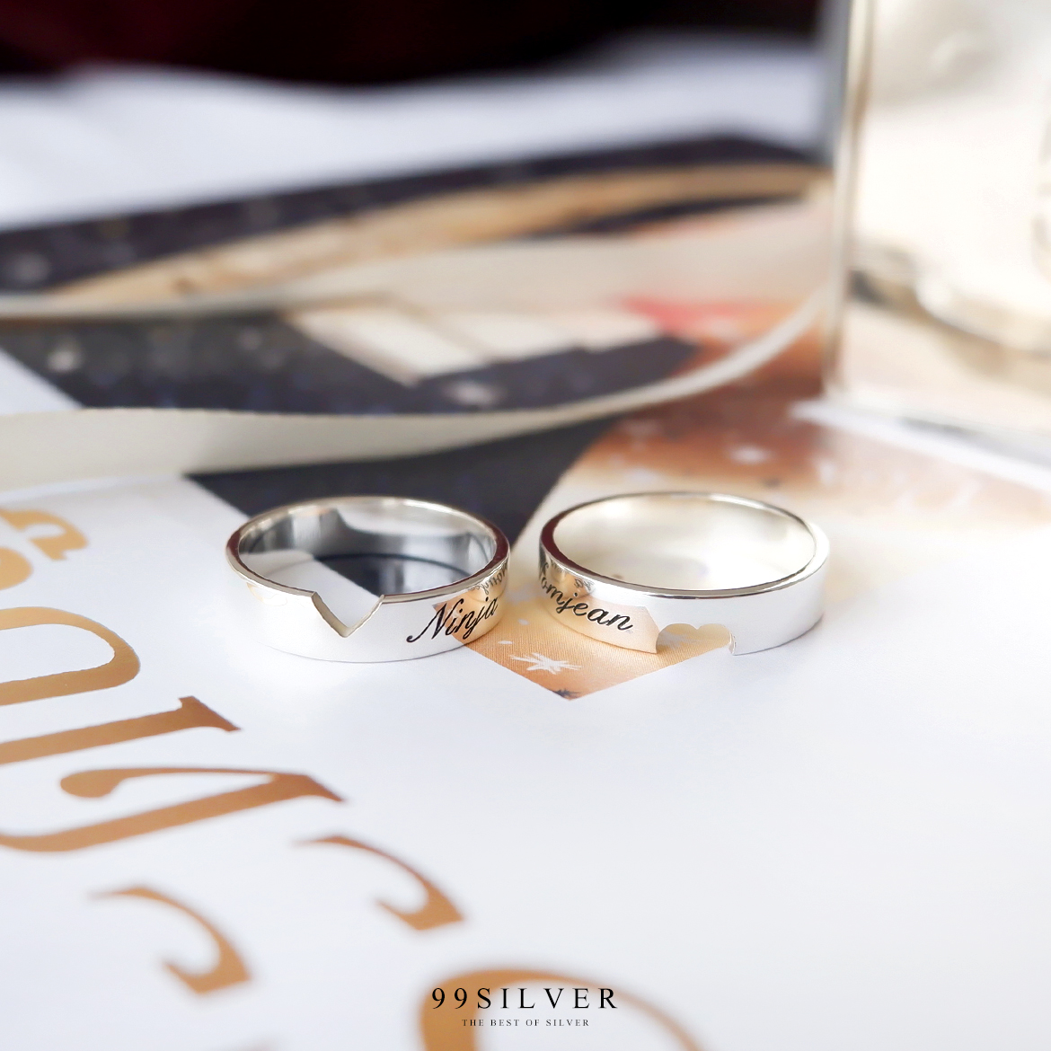 แหวนหัวใจเจาะทะลุ วงละครึ่งดวง เป็นคู่ชาย-หญิง ตัวเรือนเงินแท้