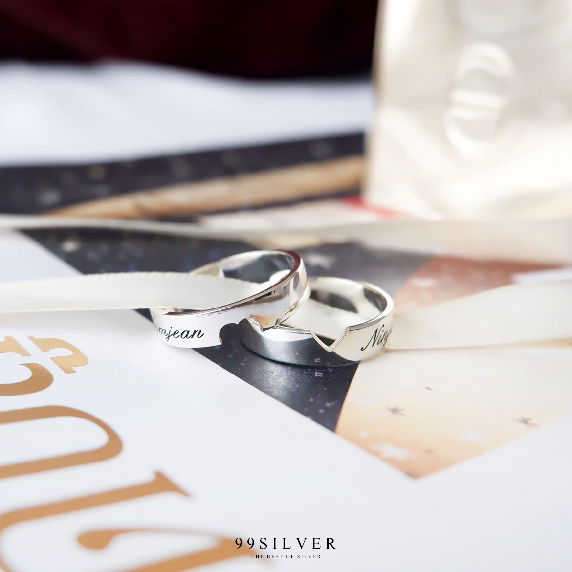 แหวนหัวใจเจาะทะลุ วงละครึ่งดวง เป็นคู่ชาย-หญิง ตัวเรือนเงินแท้