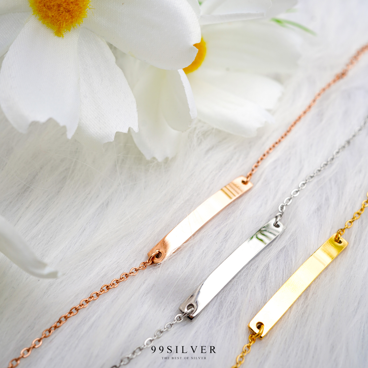 สร้อยข้อมือสแตนเลส เส้นกลาง หน้าแป้น 5 x 40 มิลลิเมตร สร้อยโซ่เล็ก