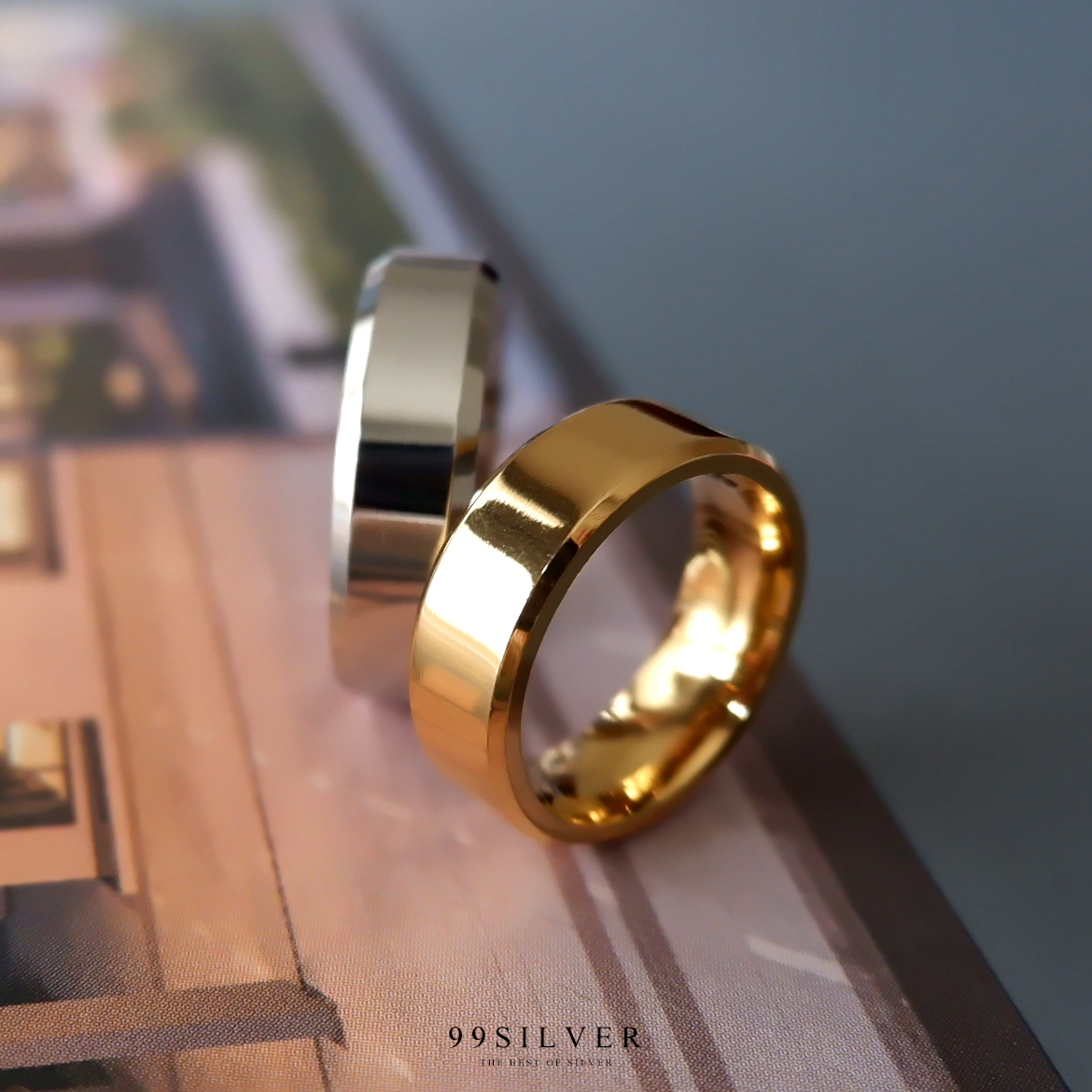 แหวนคู่ สแตนเลสแท้หน้ากว้าง 6 มิลลิเมตร ขอบลดมุมตัด เรือนเงินและทอง