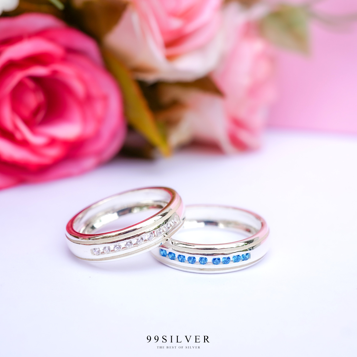 แหวนเงินแท้ประดับเพชร Cz Swiss เม็ดเล็กเรียง ตัวเรือนขอบเซาะร่องเว้าใน