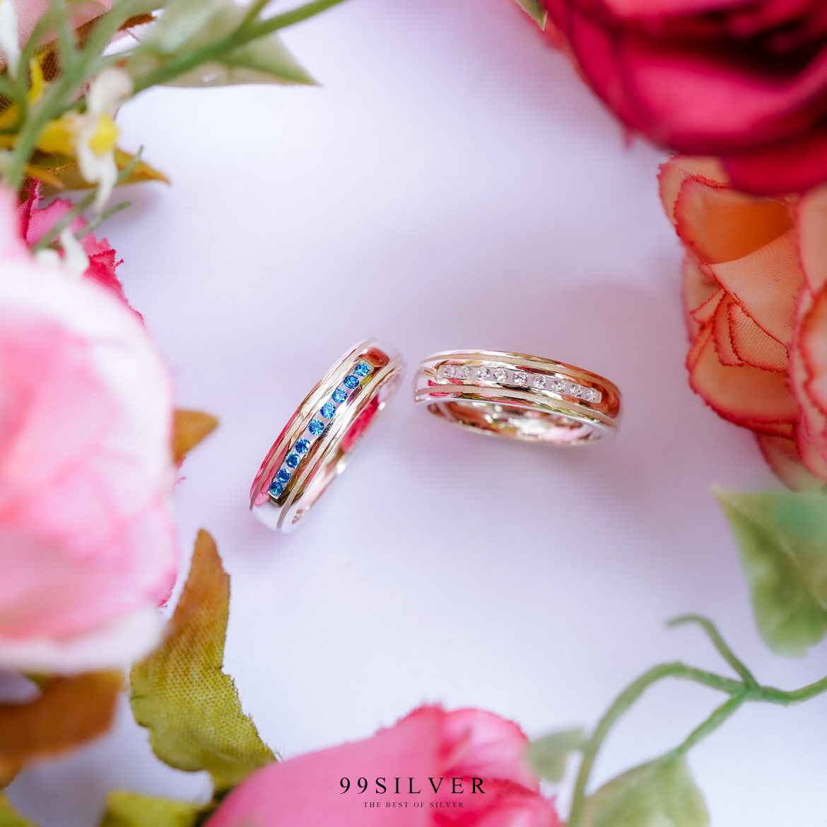 แหวนเงินแท้ประดับเพชร Cz Swiss เม็ดเล็กเรียง ตัวเรือนขอบเซาะร่องเว้าใน