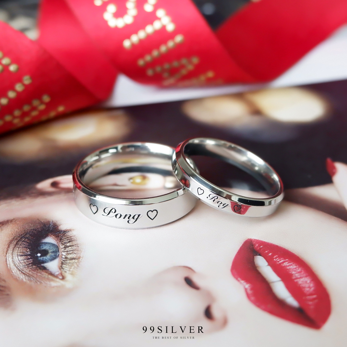 แหวนคู่ สแตนเลสแท้หน้ากว้าง 4 และ 6 มิลลิเมตร ขอบลดมุมตัด เรือนสีเงิน
