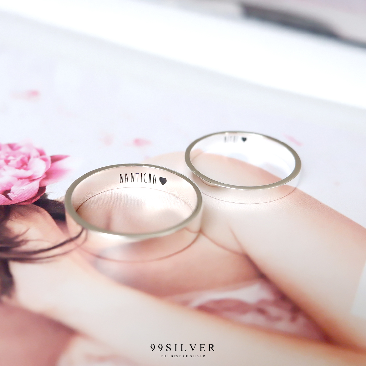 Set แหวนคู่รักชายหญิง เงินแท้รุ่นมาตรฐาน หน้ากว้าง 3 และ 4 มิลลิเมตร