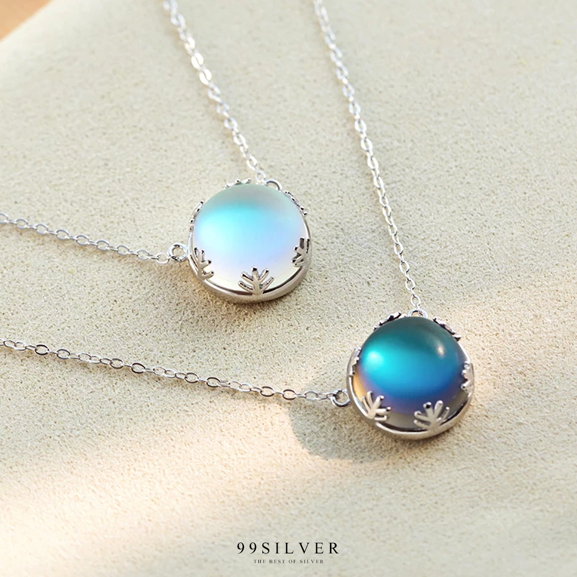 จี้ Aurora พร้อมสร้อยเงินแท้ ประดับหินฮาโล่ส่องแสงเป็นแสงเหนือและสีท้องฟ้าขั้วโลกเหนือ
