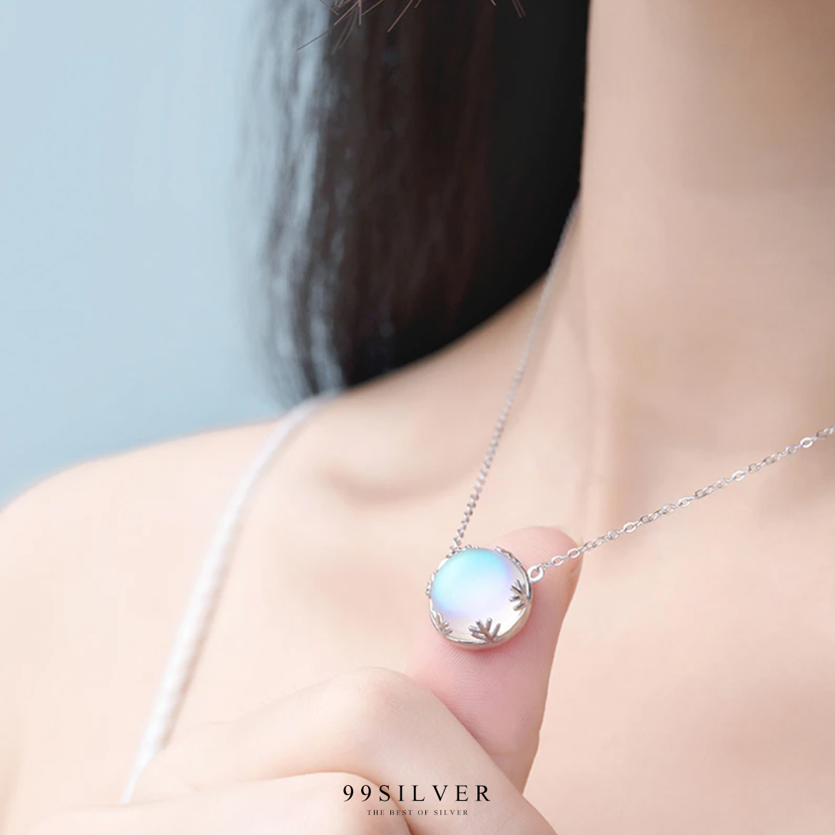 จี้ Aurora พร้อมสร้อยเงินแท้ ประดับหินฮาโล่ส่องแสงเป็นแสงเหนือและสีท้องฟ้าขั้วโลกเหนือ