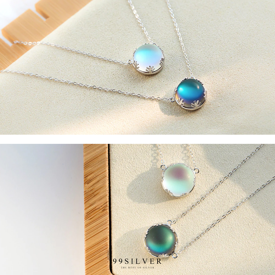 จี้ Aurora พร้อมสร้อยเงินแท้ ประดับหินฮาโล่ส่องแสงเป็นแสงเหนือและสีท้องฟ้าขั้วโลกเหนือ