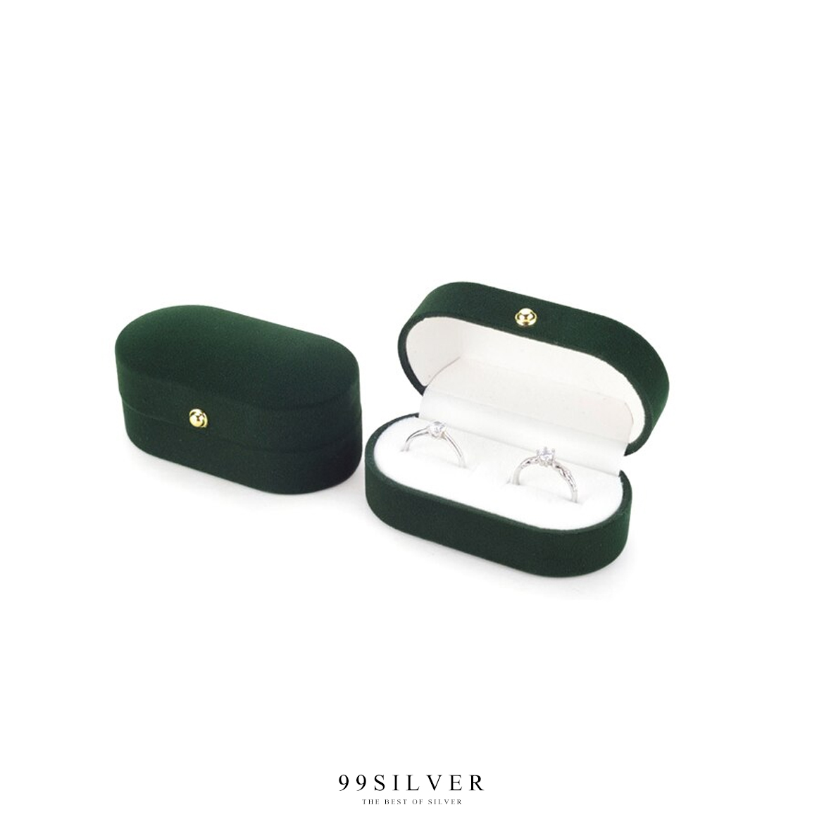กล่องใส่แหวนกำมะหยี่สีเขียวทรงโค้งยาว ฝาแข็ง ใส่แหวนได้ 2 วงเรียบหรูคลาสสิค