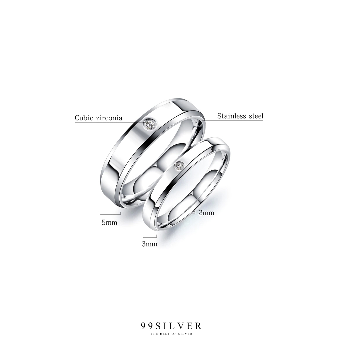 แหวนคู่รักสแตนเลส ตัวเรือนหน้ากว้าง 3 และ 5 มิลลิเมตร ฝังเพชร Cz Swiss วงละ 1 เม็ด