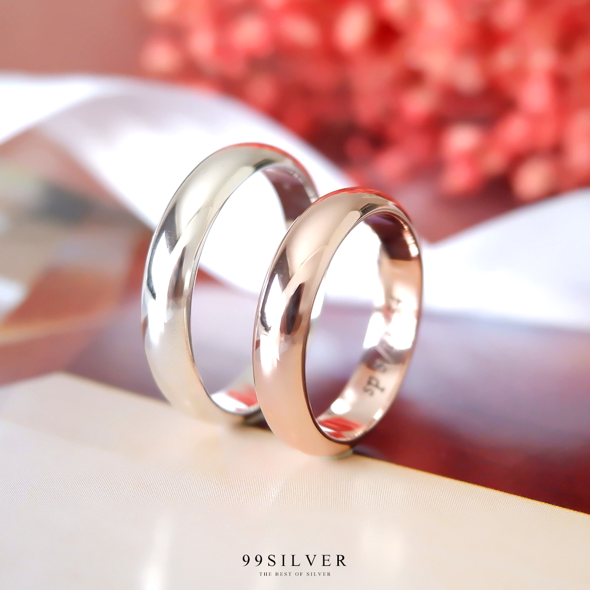 แหวนคู่รักเงินแท้ สีเงินและพิงค์โกล หน้ากว้าง 4 มิลลิเมตร หนา2 มม. ผิวเงาทรงโค้ง 