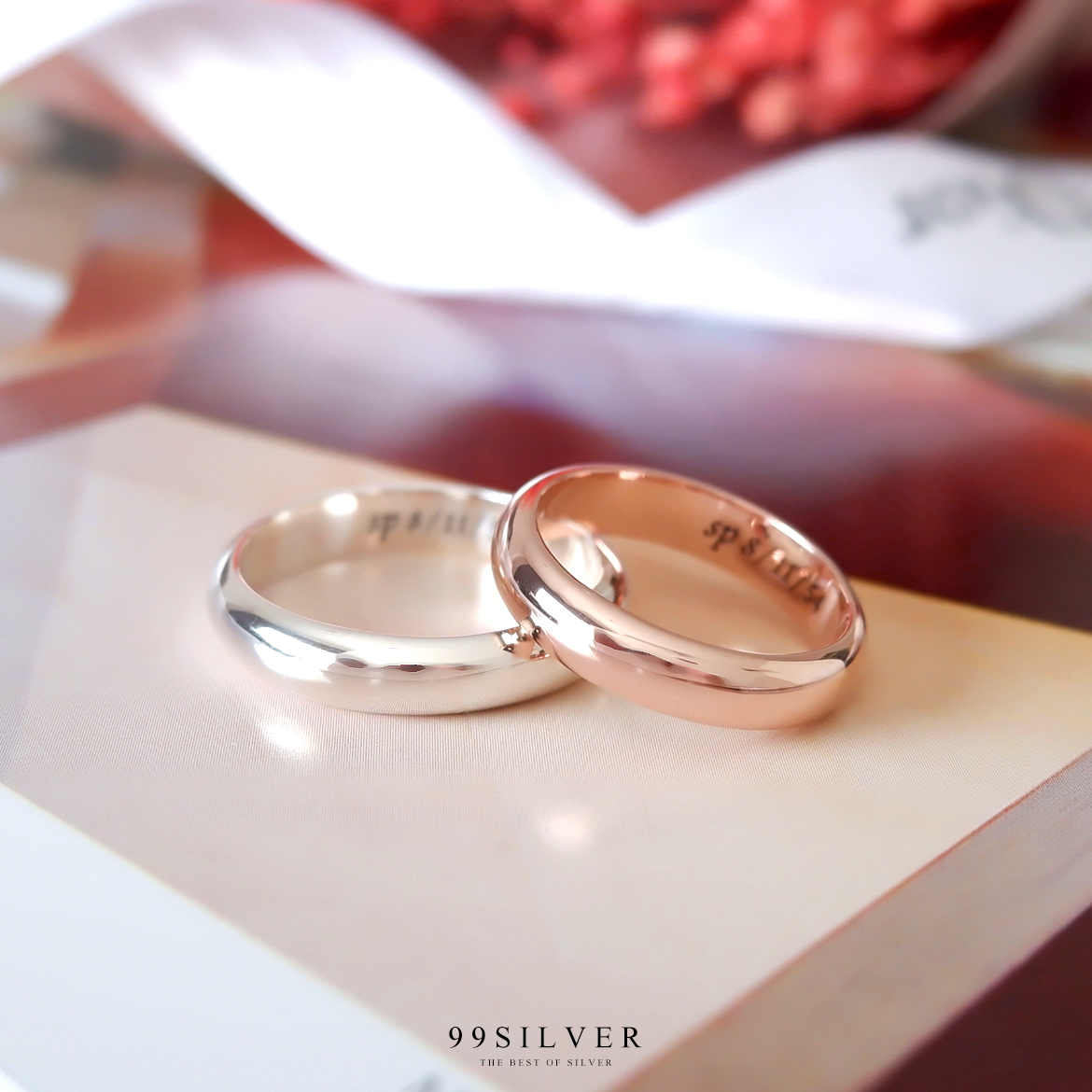 แหวนคู่รักเงินแท้ สีเงินและพิงค์โกล หน้ากว้าง 4 มิลลิเมตร หนา2 มม. ผิวเงาทรงโค้ง 
