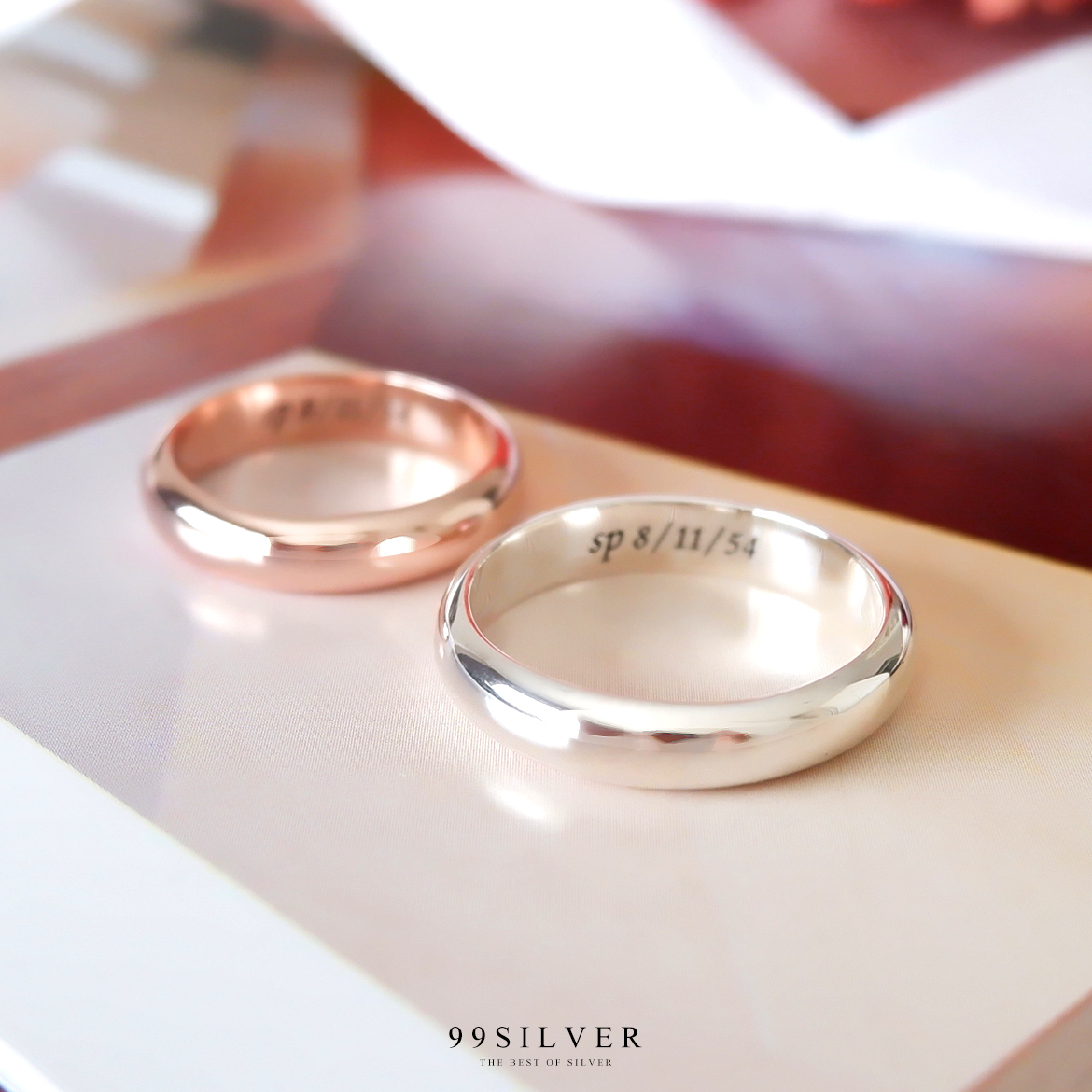 แหวนคู่รักเงินแท้ สีเงินและพิงค์โกล หน้ากว้าง 4 มิลลิเมตร หนา2 มม. ผิวเงาทรงโค้ง 