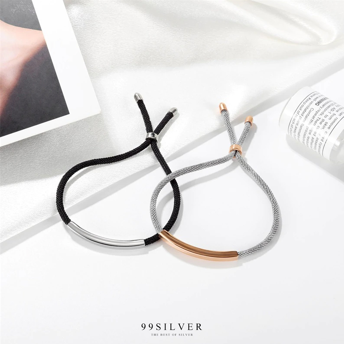 สร้อยข้อมือเชือกมิลานอย่างดี หน้าสแตนเลสแท้สลักชื่อได้ พร้อมปลายเชือกเข้าปมอย่างดี