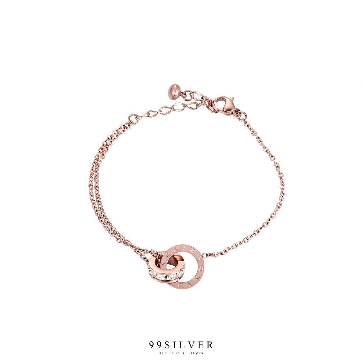 สร้อยข้อมือสแตนเลสสีพิงค์โกล ประดับจี้เป็นชาร์มทรงกลม bvlgari มีเลขโรมันที่่ตัวจี้
