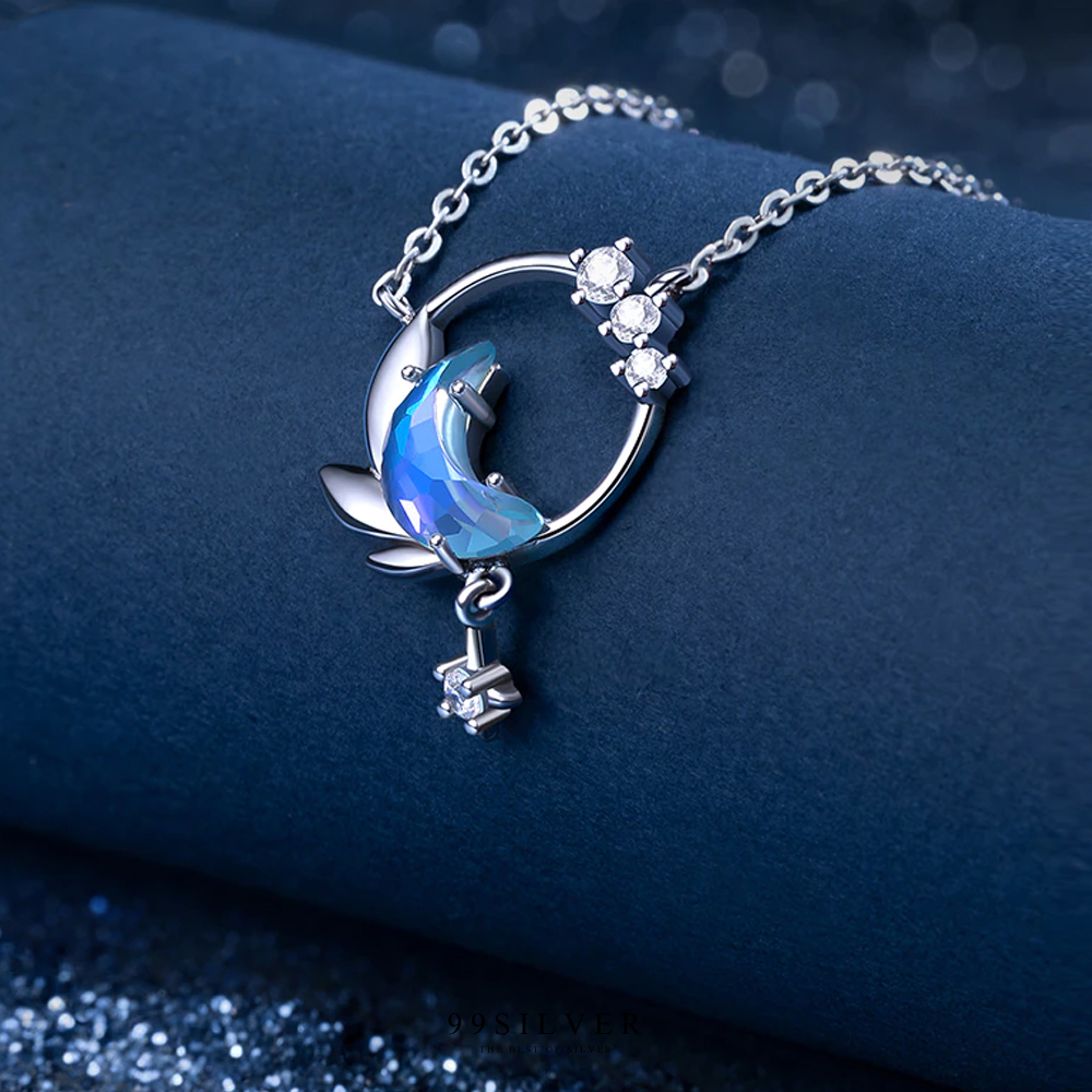 จี้ Moon Night ประดับ Cz สี Light Blue เป็นทรงพระจันทร์เสี้ยวและดวงดาว