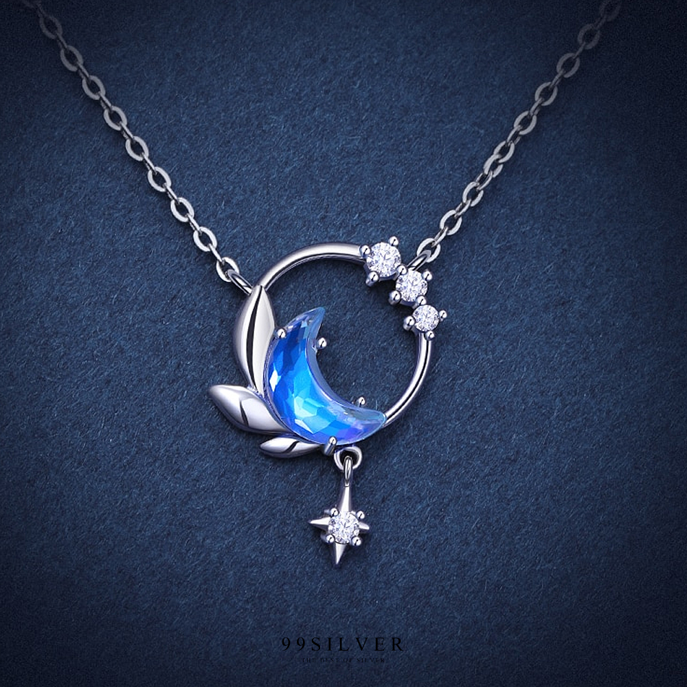 จี้ Moon Night ประดับ Cz สี Light Blue เป็นทรงพระจันทร์เสี้ยวและดวงดาว