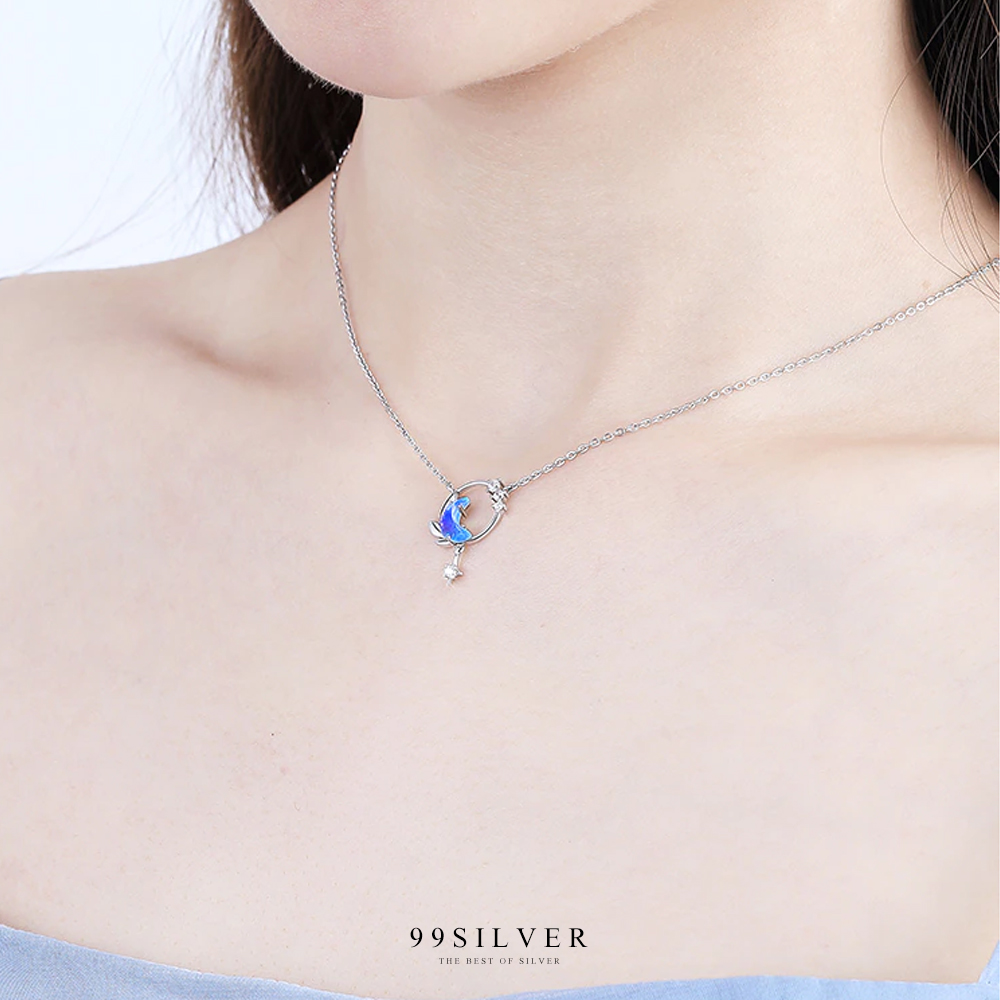 จี้ Moon Night ประดับ Cz สี Light Blue เป็นทรงพระจันทร์เสี้ยวและดวงดาว