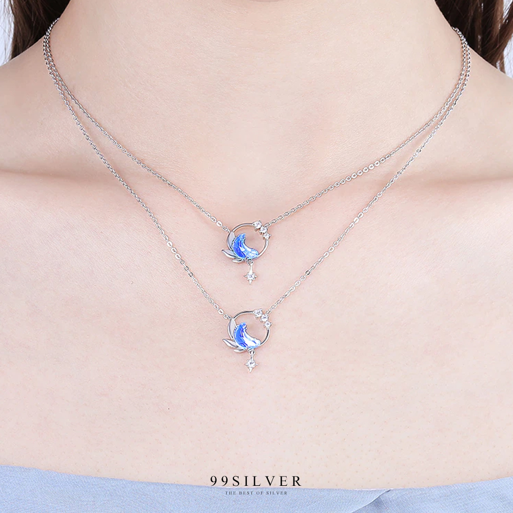 จี้ Moon Night ประดับ Cz สี Light Blue เป็นทรงพระจันทร์เสี้ยวและดวงดาว